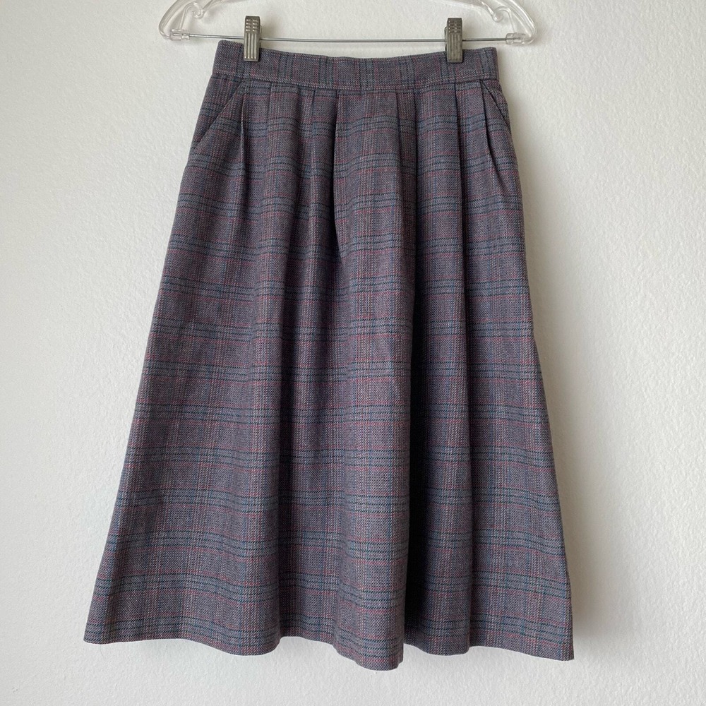 VTGn Glenora Plaid ALine Midi Skirt sz M Wool Pleated‎ Pockets Retro Preppy